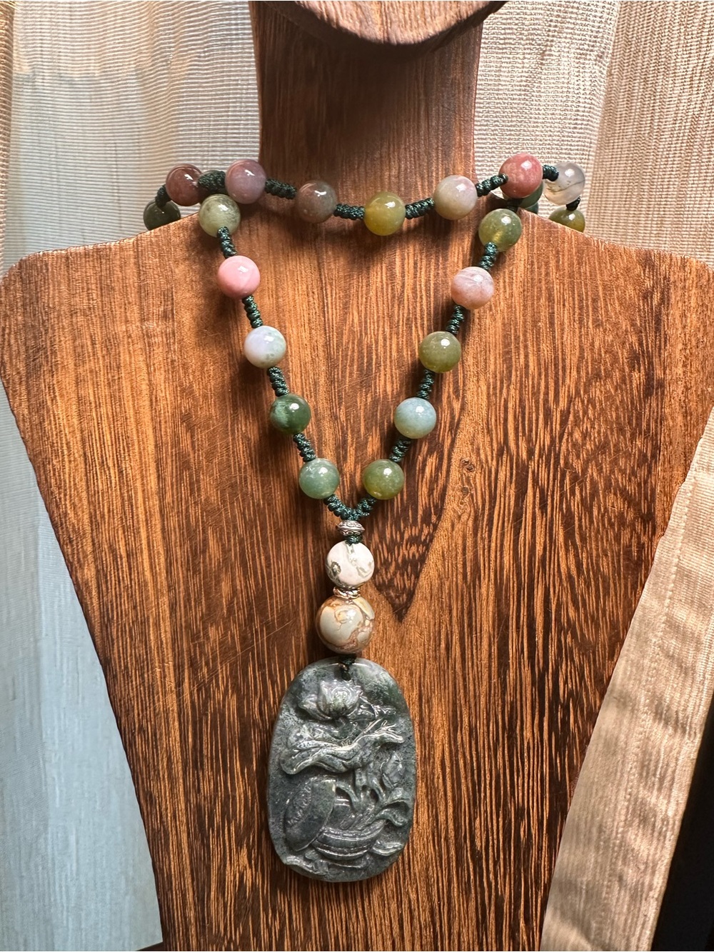 Moss Agate Potted Flower Carving Pendant  Necklace on Colorful Beaded Rope - Picture 10 of 13